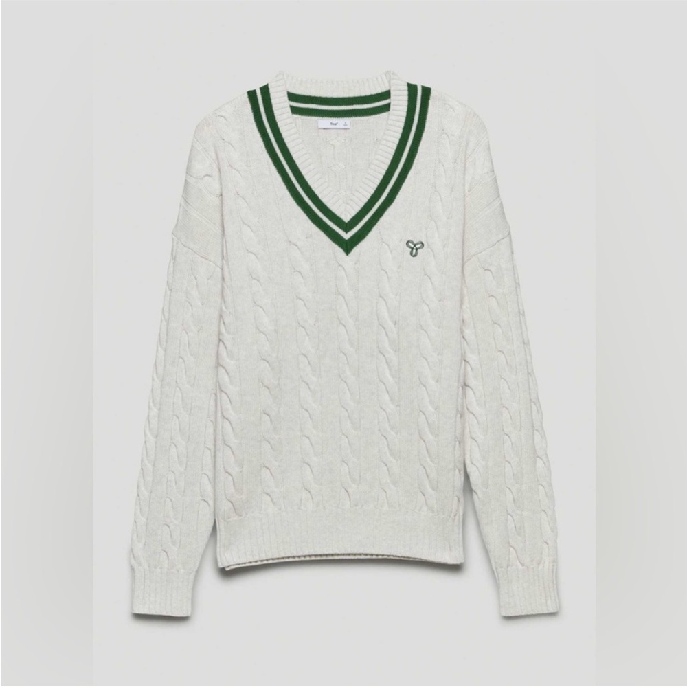 Aritzia TNA Cable-Knit V-Neck Sweater with Green Stripe